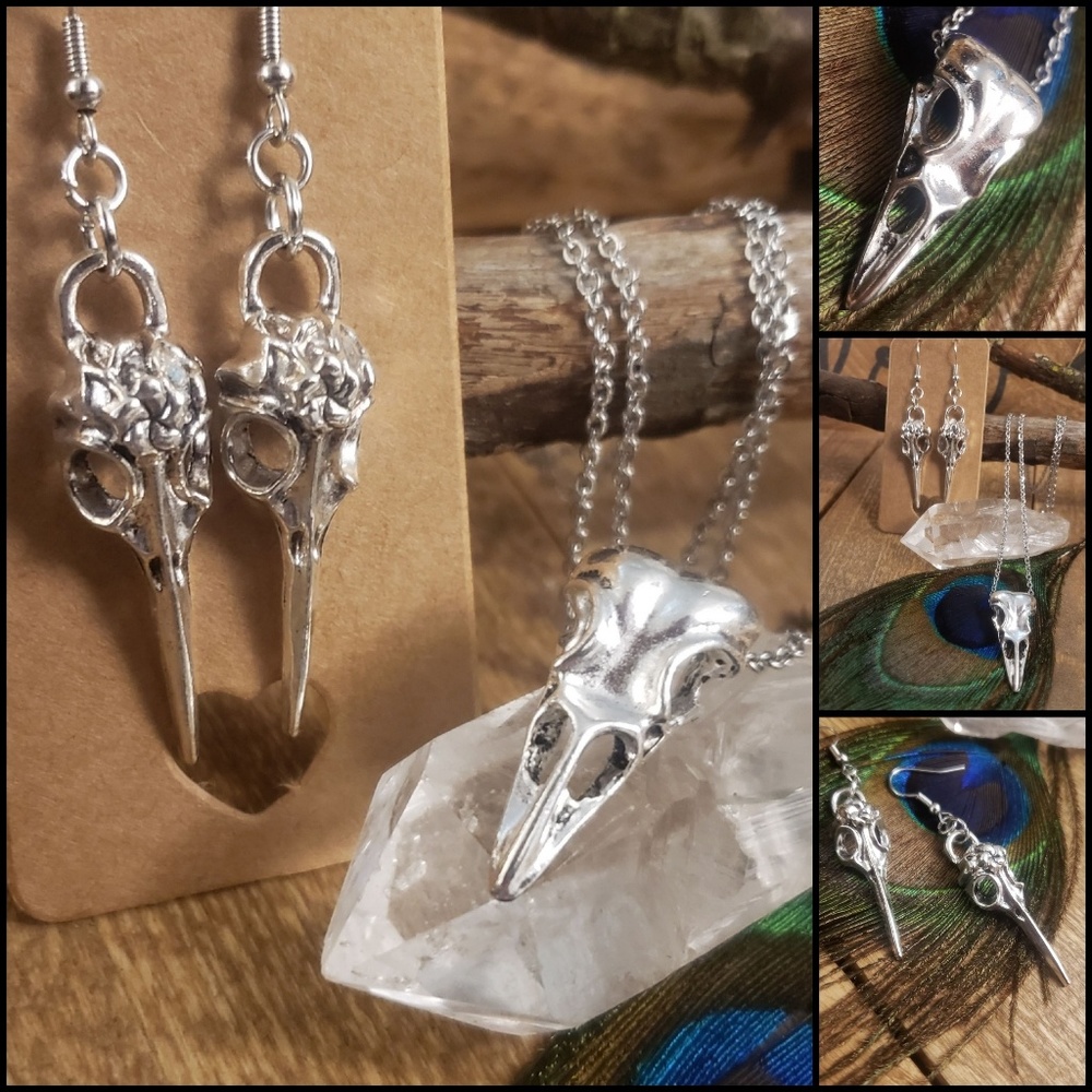 Pagan Raven Skull Necklace & Earrings Jewelry Set Horror Witchy Viking Jewelry